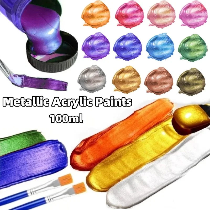 Acrylic Paints 100ml Metallic Acrylic Paint 20 Colors Iridescent Acrylic Paints with 2 Brushes Non-Toxic Non-Fading Art Craft Painting Supplies