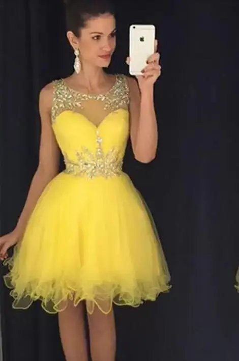 ANGELSBRIDEP Yellow Scoops Neck Short Homecoming Dresses Sparkly Crystal Beading Tulle Graduation Birthday Party Gowns