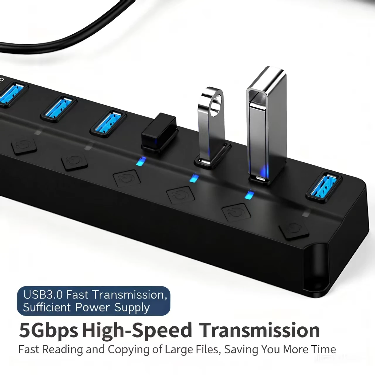 4/7-Port USB 3.0 HubLED Indicator, Individual Switch Control, CompatibleLaptops, Flash Drives, Hard Drives, Computer
