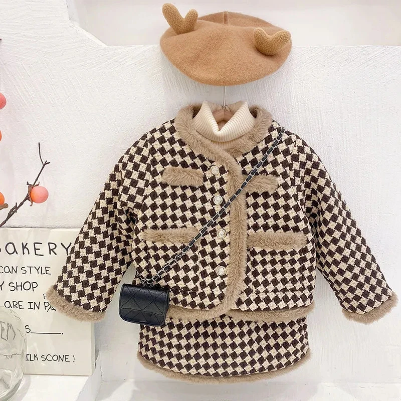 

Winter Fashion Sets For Baby Clothing Girls Thickened Plaid Knitted Jacket + Skirt Two Piece Set Children Autumn Clothes Outfit