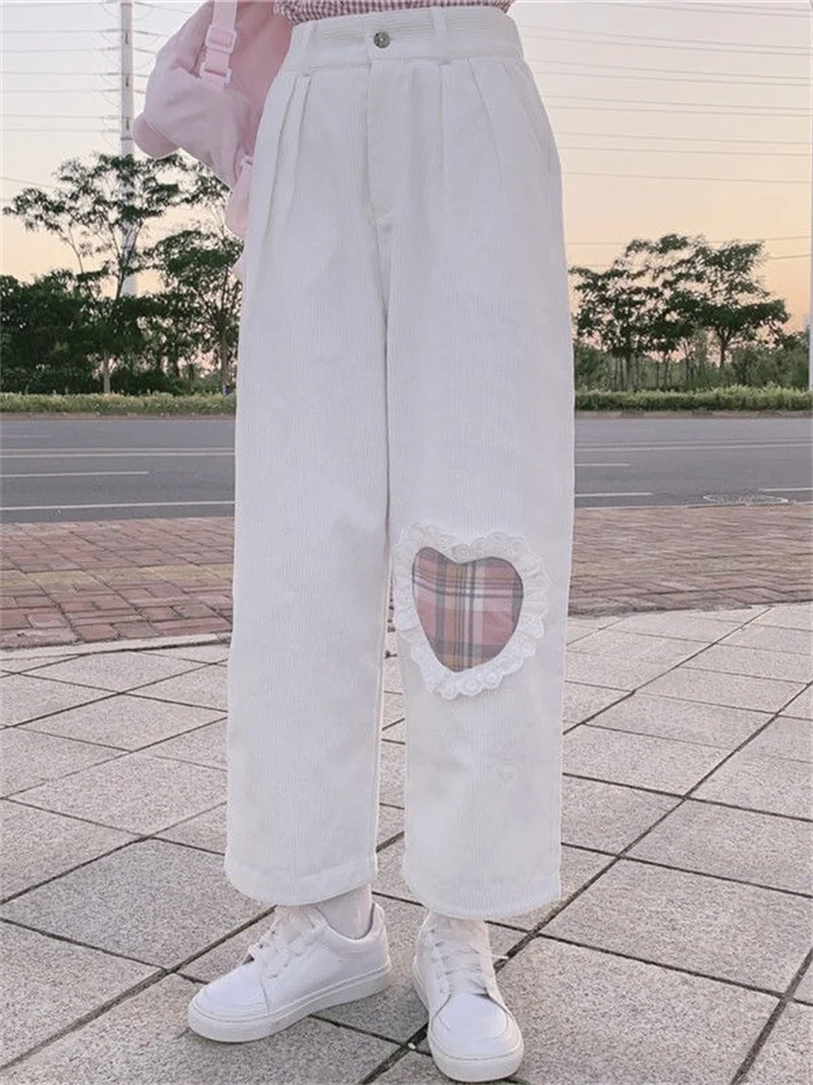 QWEEK Japanese Kawaii Pink Corduroy Pants Women Soft Girl Plaid Wide Leg  White Trousers For Female Love Heart Patchwork Cute