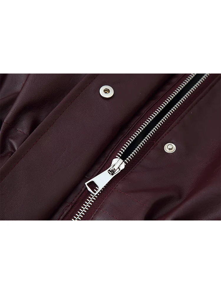 Fashion Faux Leather Jacket For Woman Solid Stand Collar Pockets Leather Pu Coats Women Close Waist Outerwears Autumn Clothes