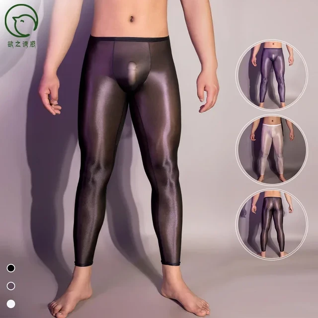 Glossy Sexy Ultra-thin Mens See Through Ice Silk Leggings Long