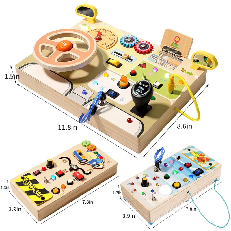 Montessori Busy Board with LED Light Switch & Car Steering Wheel – Sensory Travel Activity Toy for Kids 6