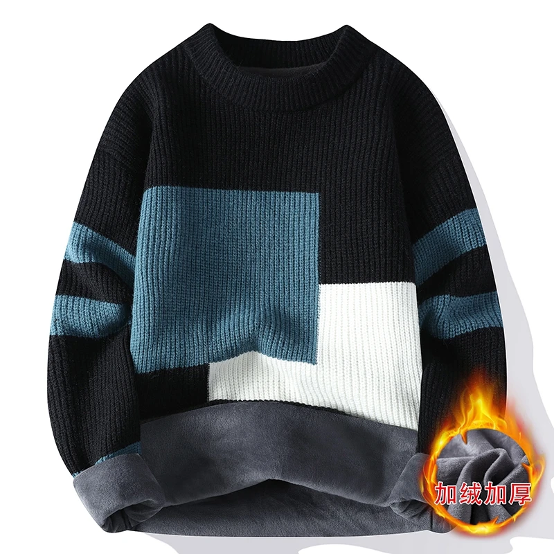 Autumn and Winter New Men's Round Neck Sweater Fashion Casual Color Blocked Long Sleeved Loose Youth Popular Bottom Knitted Tops