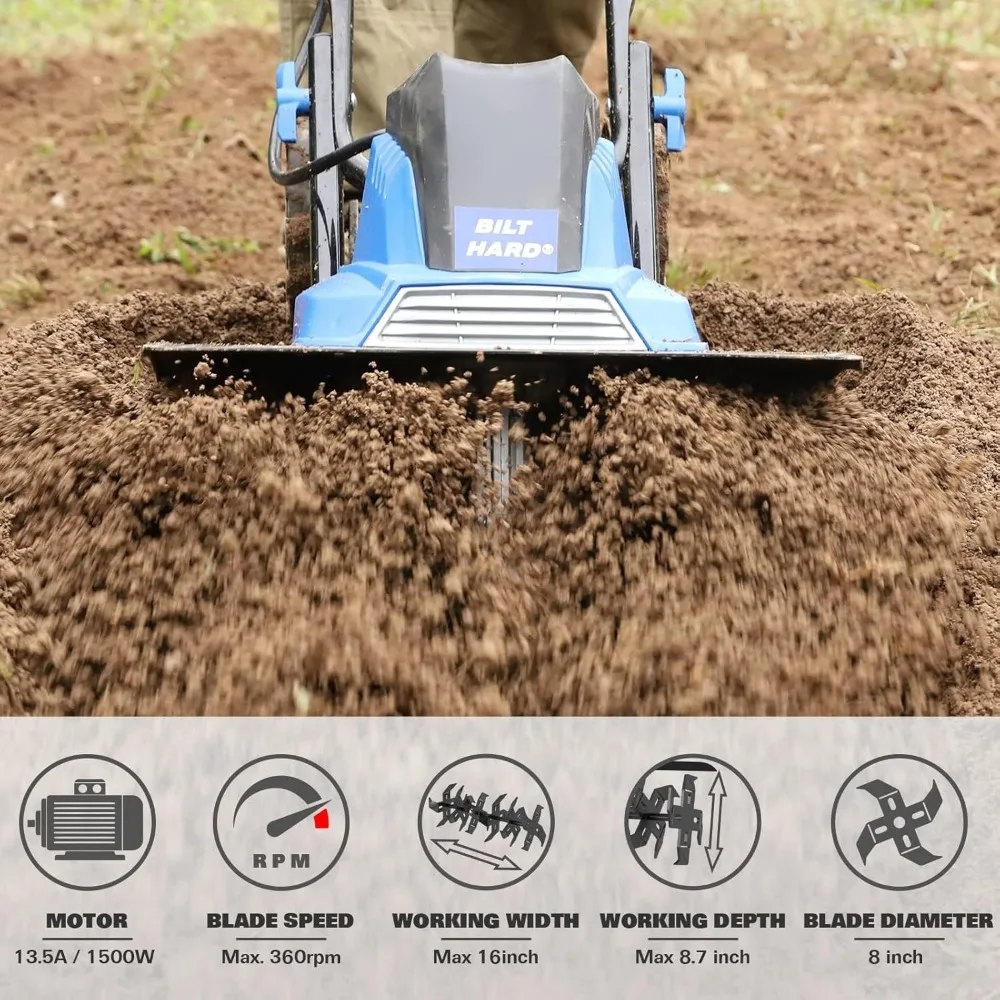 Electric Tiller Cultivator β 16-Inch, 13.5 Amp, 6 Steel Tines, Foldable Garden Rototiller with Adjustable Wheels 2
