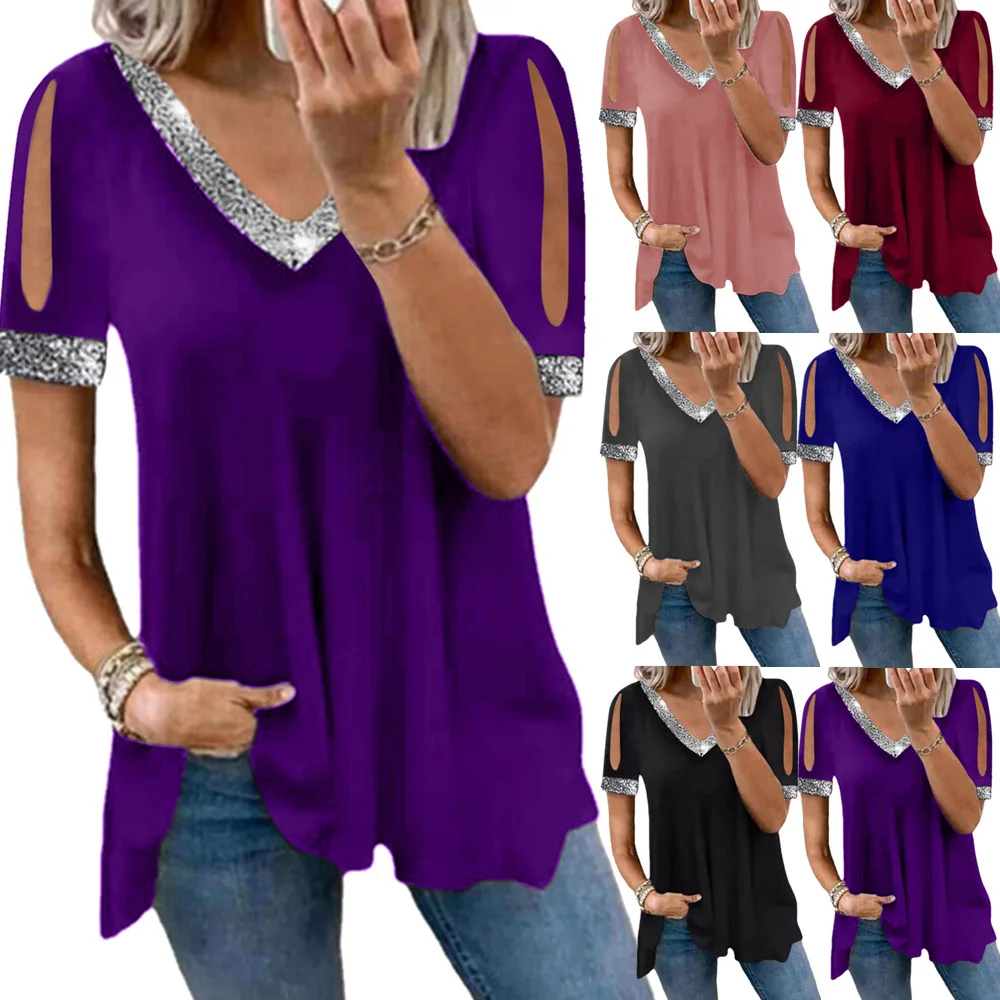 

Spring Summer Women Solid Color Fashion Off Shoulder Sequins Tshirt V Neck Loose Fit Short Sleeve Casual Basic Shirt XS-5XL