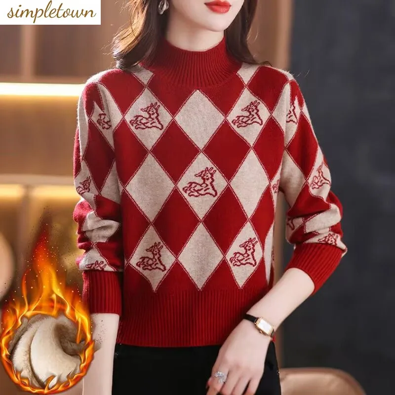 

New Jacquard Loose Sweater Autumn/Winter 2023 Thickened Versatile Half High Collar Fashion Women's Knitted Sweater