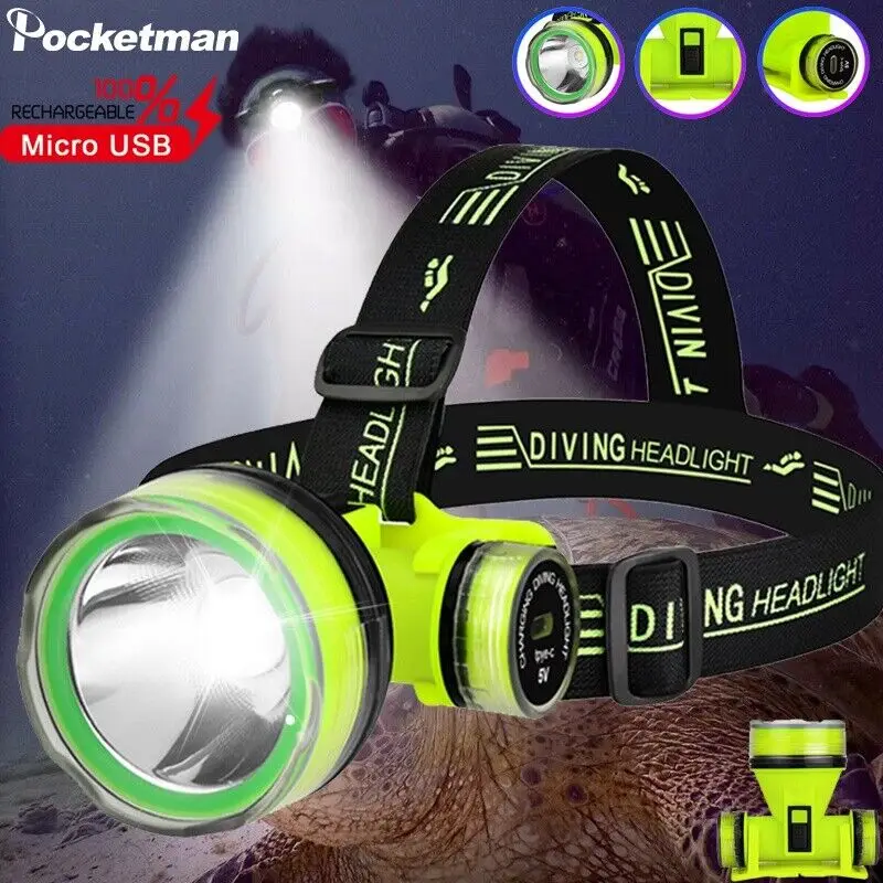 Description Picture 2 of itemLED Diving Headlamp USB Charging Headlight Scuba Dive Head Flashlight Waterproof Underwater Head Lamp Submarine Light Dive Light