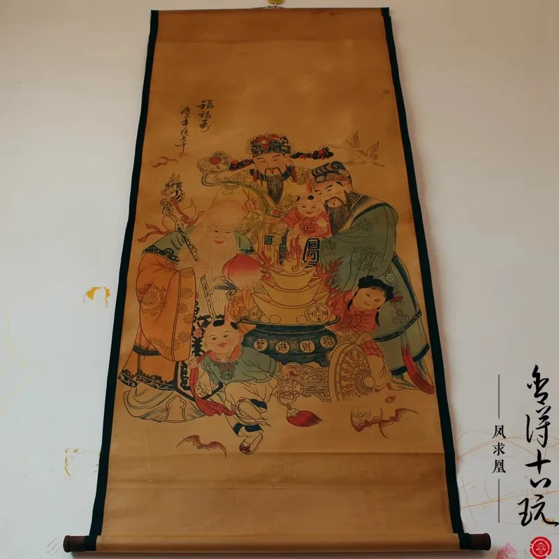 

Редкие нарисованные вручную китайские картины QingDyansty с вертикальными осями, три бога удачи, процветания и долголетия