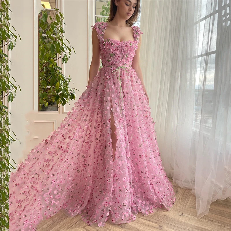 

Fairy Floral Prom Dresses with Side Slit Cute A-Line Square Neck 3D Flowers Backless Graduation Party Dress Evening Gowns 2023