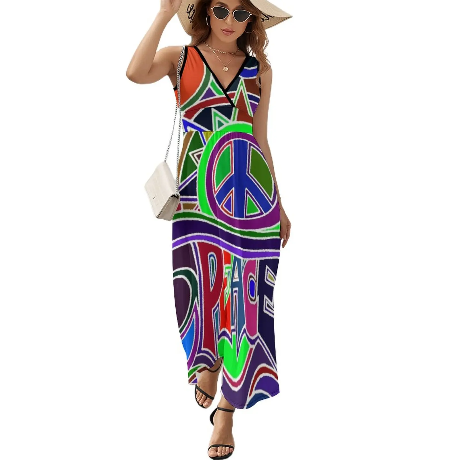 

Colorful Hippy Peace Sign Sleeveless Dress womans clothing summer women's suit