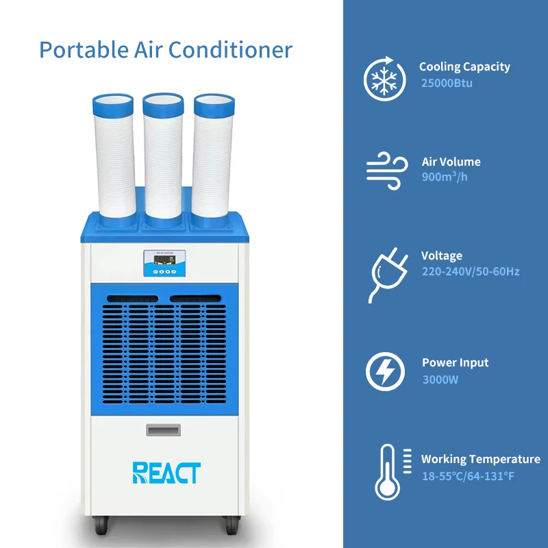 React Portable Air Conditioner Cooler 25000btu/H Commercial R32/R290 Standing Spot Cooler Air Condition for Tent