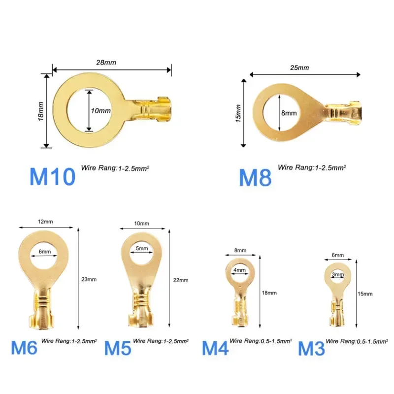 Wire connectors terminal connector copper wire lugs 100PCS M3/M4/M5/M6/M8/M10 Ring Lugs Ring Eyes Copper Crimp Terminals Cable Lug Non-insulated Diy Assortment Kit