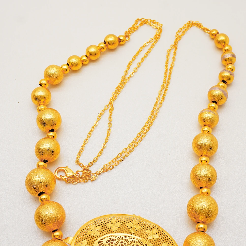 S936a6e6cf6394b8e848394cb469acd85G Fashion Gold Color Ethiopian Jewelry Set Long Tassel Pendant Earrings Wedding Bride Necklace Set Mallzona