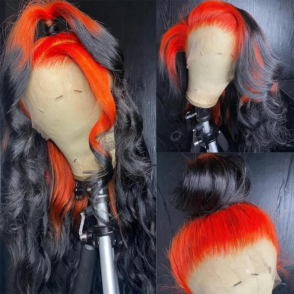 26 Inches Long Body Wave Synthetic Lace Front Wig Orange To Black Ombre For Women Frontal Wig Cosplay Charisma