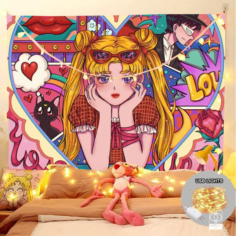 Sailor Moon Cute Pink Tapestry Wall Hanging Bedspread Throw Art Home Decor 