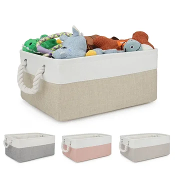 Folding Linen Fabric Storage Basket with Handles 1