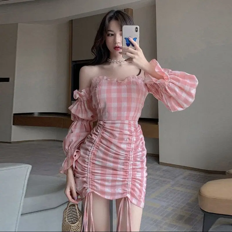 

Sexy off-Shoulder Pink Plaid Dress Women's Autumn A- line Skirt Woman Dress Vestido De Mujer Femme Robe