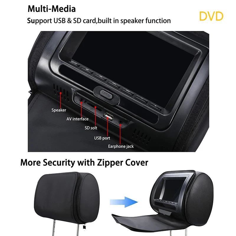 Monitor Universal para reposacabezas de coche, almohada para asiento trasero con pantalla LCD de 7 pulgadas para reproductor de DVD MP4 y MP5, compatible con AV/USB/SD/FM/auriculares/Bluetooth