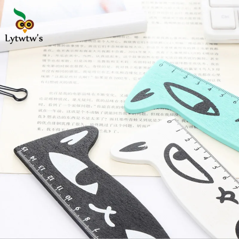 Drawing Ruler Straight Ruler 1 Pcs Lytwtw's Cute Kawaii Black Cat Kitten Straight Ruler Wooden Tools Cartoon Sewing Drawing Office School Stationery supplies