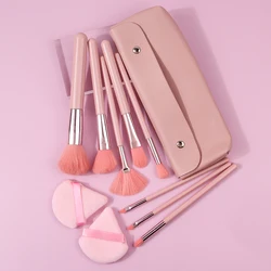 Premium 11 - Piece Makeup Brush Set with Triangular Powder Puff and Spacious Storage Bag (Pink)