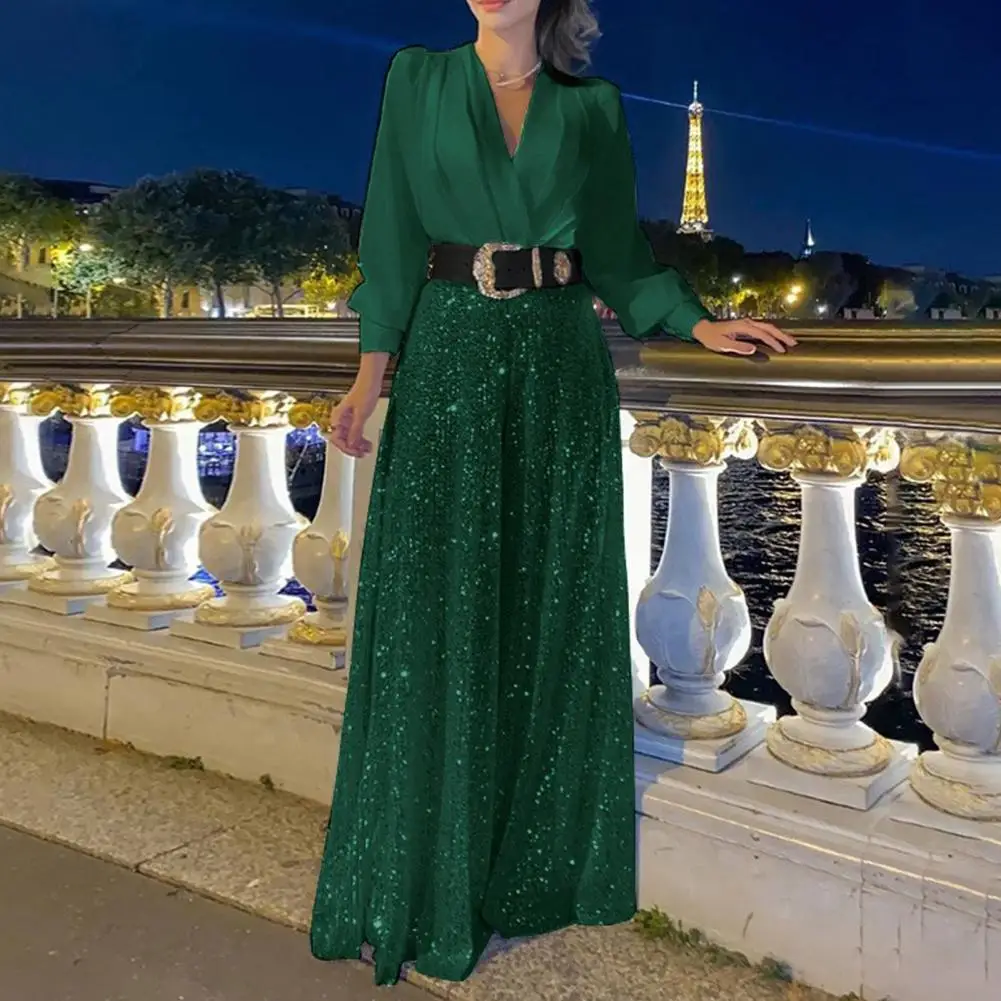 

Women Jumpsuit Sequin V Neck Jumpsuit with Wide Leg High Waist Belt for Prom Wedding Cocktail Party Sequined Wide-leg Pants