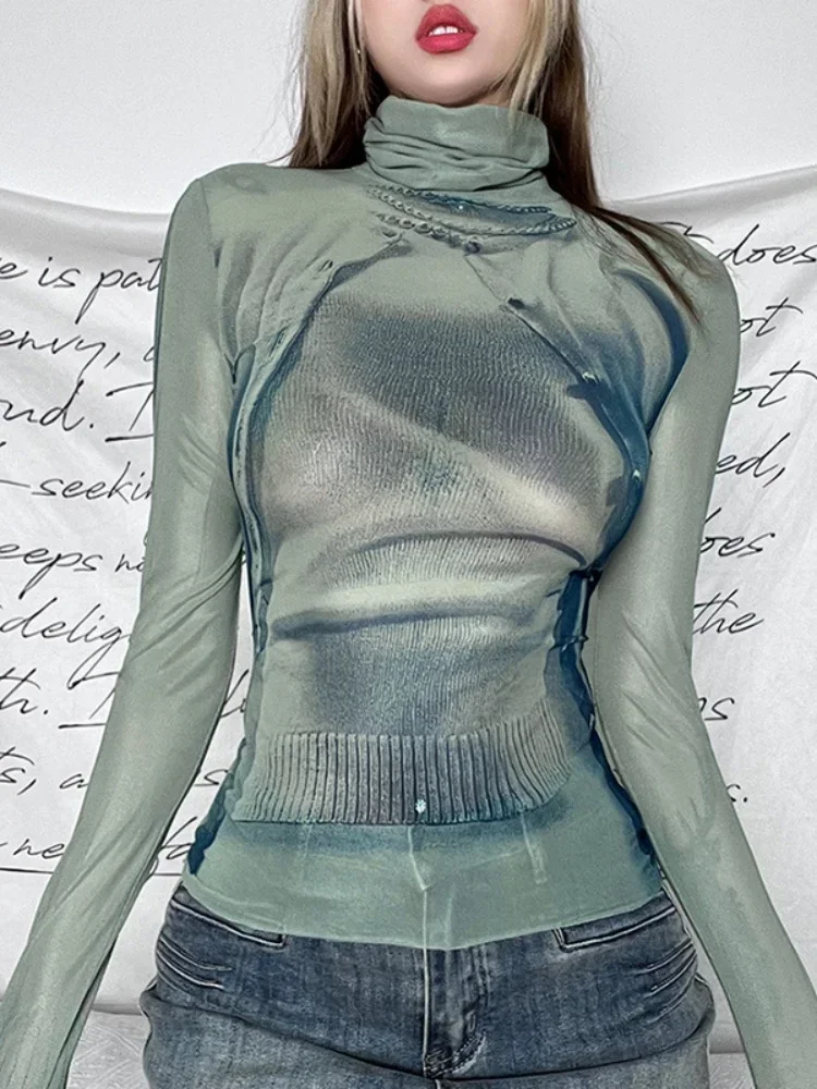 Printed Turtleneck Y2k Top For Women Clothes Long Sleeve Aesthetic T Shirts Autumn Ropa De Mujer Slim Roupas Femininas Estilosas