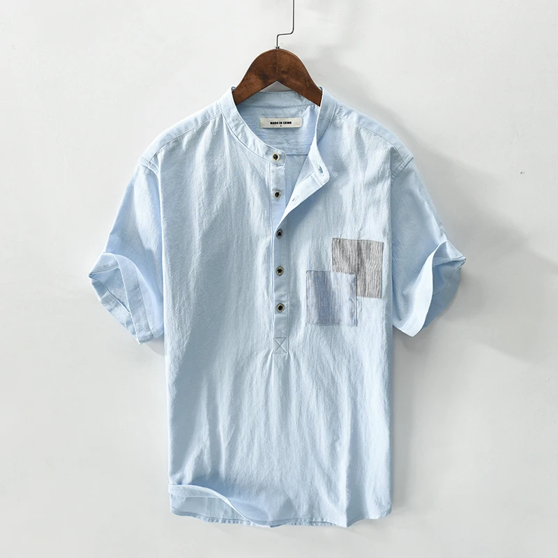

New Stylish Short-sleeve Linen Quality Pullover T Shirt Men Brand Trendy Comfortable Stand Collar Top Clothes 4Colors Vetement