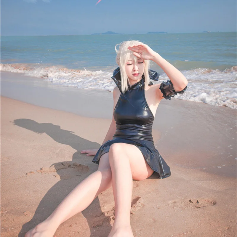 

Fate Cosplay Stay Night Alter Saber Sukumizu School Swimsuit Jumpsuit My Lord Sexy Costume Leather Swimming Black Suit Party Set