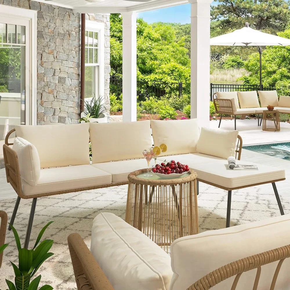

3 Pieces Patio Furniture Set, 4 Seater for Backyard, Porch, Boho Detachable Lounger with Cushions and Coffee Table - Beige