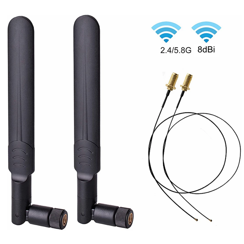 2x8dBi 2.4GHz 5GHz Dual Band WiFi RP-SMA Male Antenna+2 X 35CM RP-SMA to U.FL/IPEX Pigtail Cable For M.2 NGFF WiFi WLAN Card 12 dbi dual band wifi antenna 2 4g 5g 5 8gh rp sma male universal antennas ufl ipx to rp sma pigtail cable