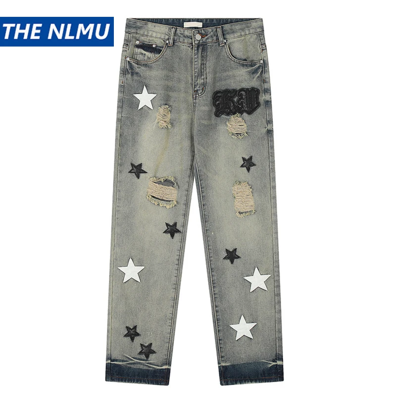 

Vintage Ripped Hole Jeans Star Patchwork Denim Pants Men Straight Trousers Streetwear Harajuku Hip Hop Y2K Jeans Retro