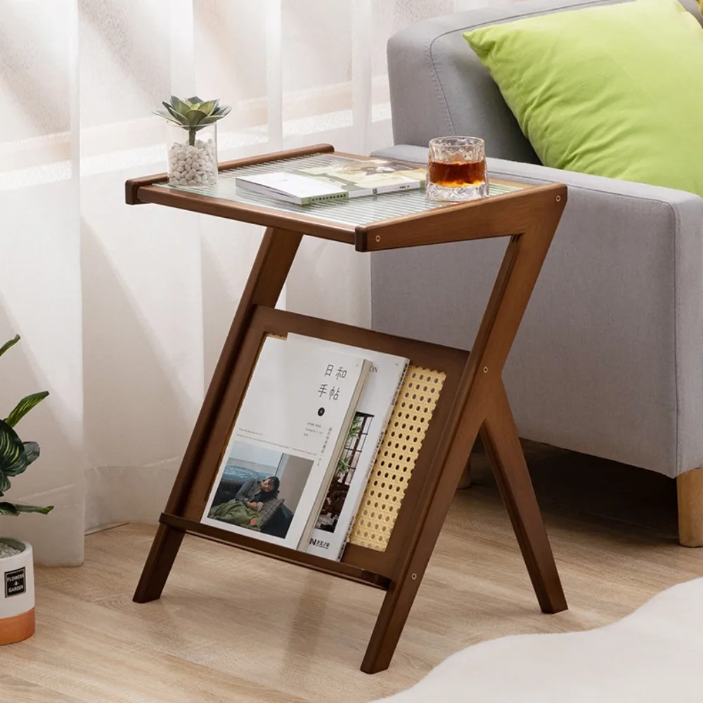 Side Table Z Shape Mobile Cabinet With Tempered Glass Top Living Room Furniture Simplistic Bamboo Bedside Coffee Table Modern