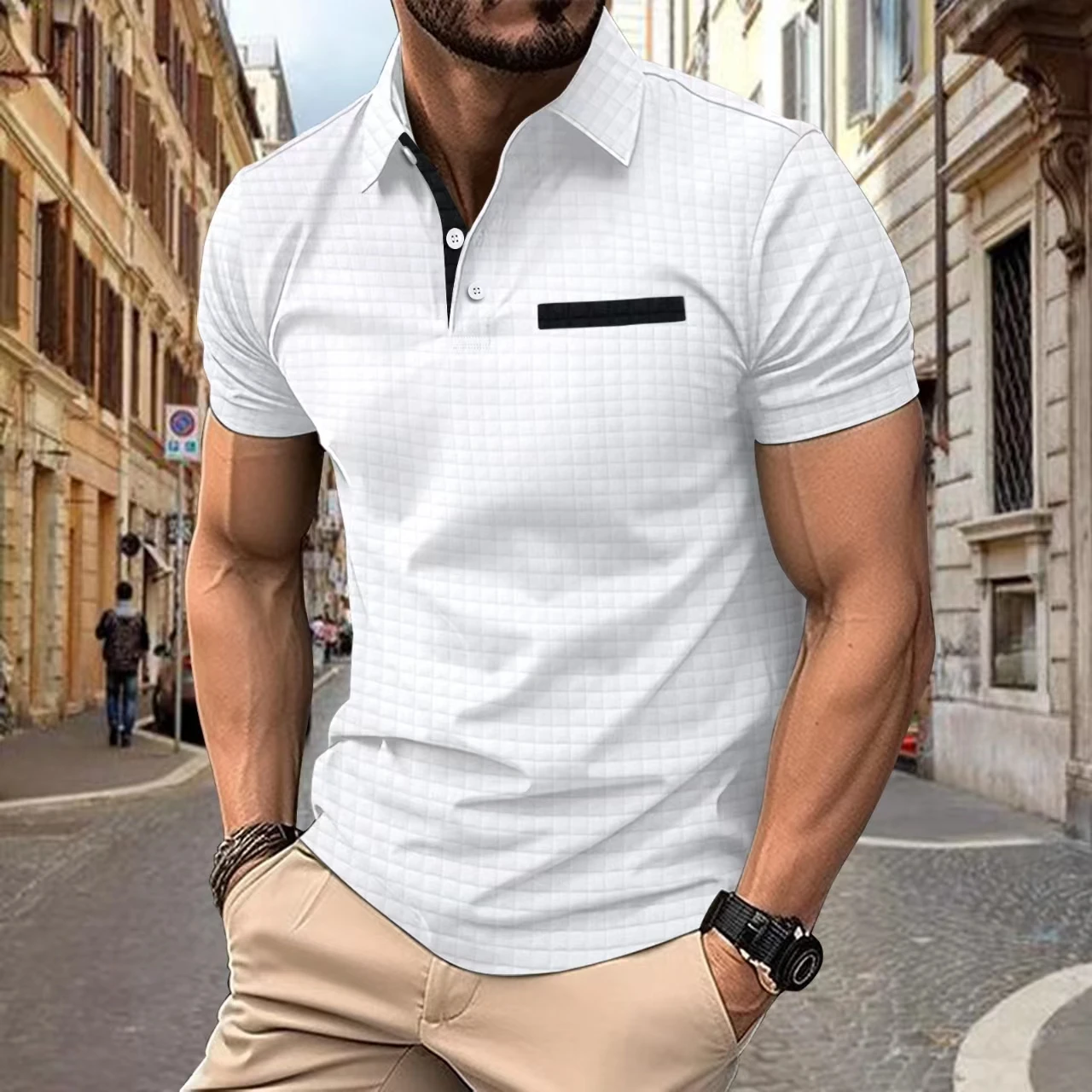 Description Picture 3 of itemEurope and the United States 2024 summer fashion POLO shirt new jacquard check men's sports polo shirt