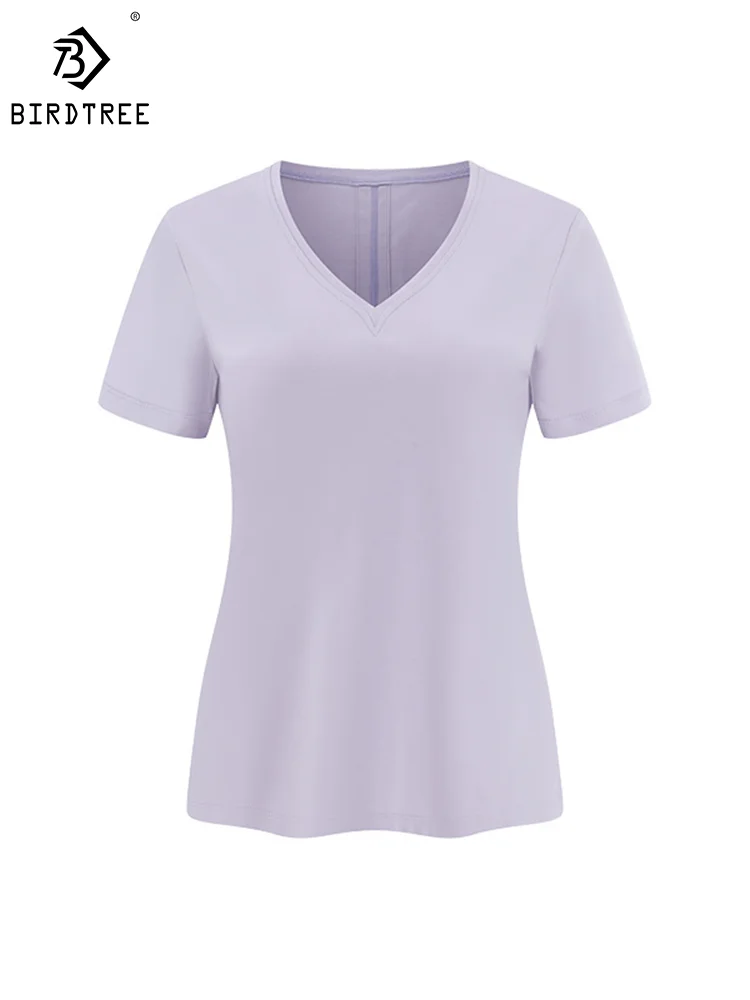 

BirdTree Acetate Real Silk T-Shirts for Women, V Neck Solid Short Sleeve, Elegant Basic OL Tees, 2024 Spring New Tops T41844QM