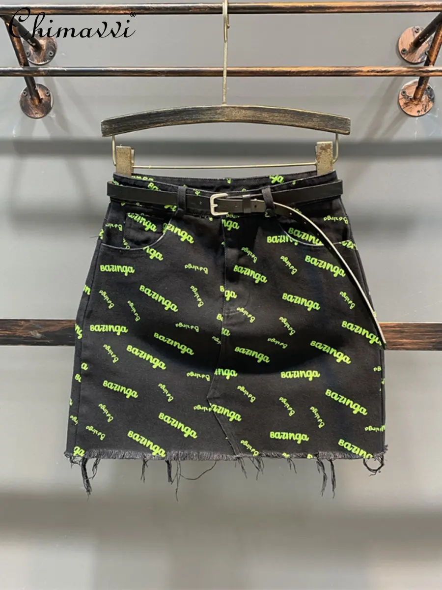 

Fluorescent Green Raw Edge Denim Short Skirt Fashion Printed Black Skirt Korean Style Tassel Streetwear Hot Girl A- Line Skirts