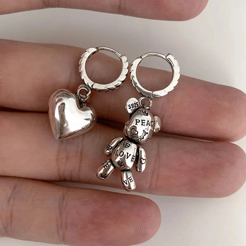 Women Earrings Vintage Letter Little Bear Love Heart Asymmetric Hoop Earrings Korean Geometric Metal Earring