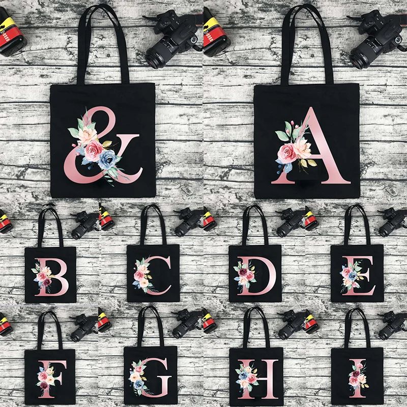 26 Letters Hot Roze Bloem Draagbare One-schouder Shopping Bag Vrouwen Canvas Tas Grote Capaciteit Reizen Tote Bag afdrukken