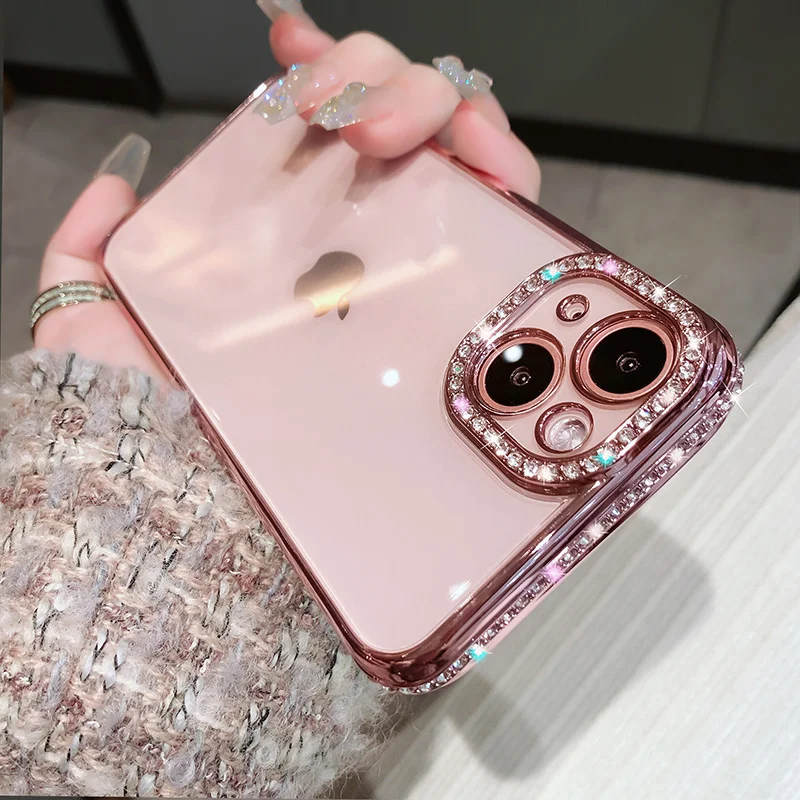 

Luxury Plating Glitter Diamond Transparent Case for iPhone 14 13 11 12 Pro Max Plus Girl Female Soft Silicone Shockproof Cover
