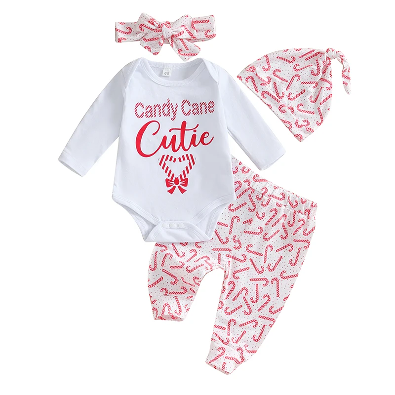 

Baby Girls 4Pcs Christmas Outfits Long Sleeve Romper Pants Headband Set Newborn Clothes