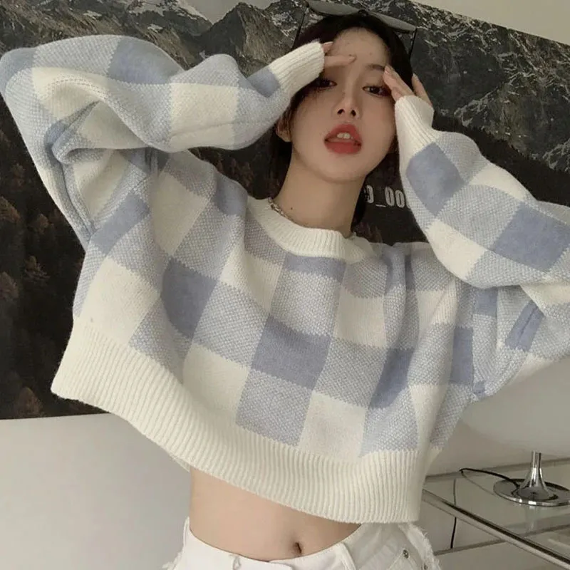 

Vintage Plaid Knit Short Sweater Women Korean Sweet O Neck Long Sleeve Pullover Fashion Chic Color Matching Preppy Crop Jumpers