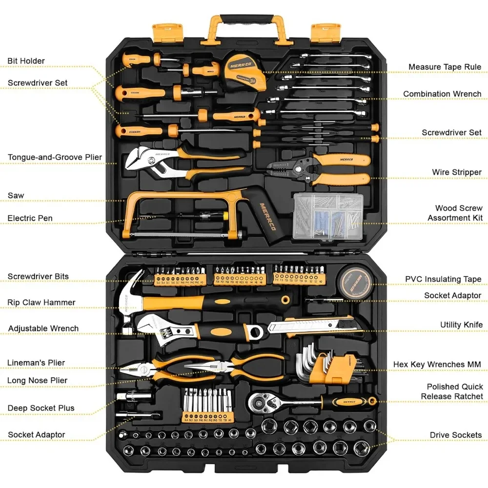 198 Piece Home Repair Tool Kit, Wrench Plastic Toolbox with General Household Hand ToolsSet tools chest  tool box organizer 2