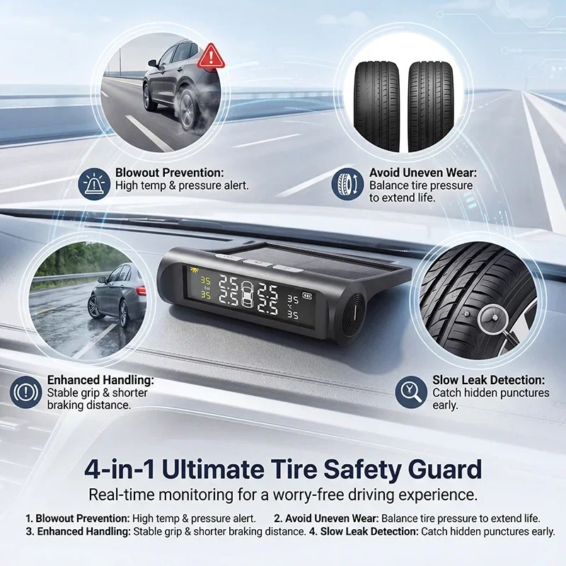 Sistema di Monitoraggio della Pressione degli Pneumatici (TPMS) con Ricarica Solare, 4 Sensori Interni/Esterni, Display in Tempo Reale, Allarme Automatico, Accessori Auto - Image 2