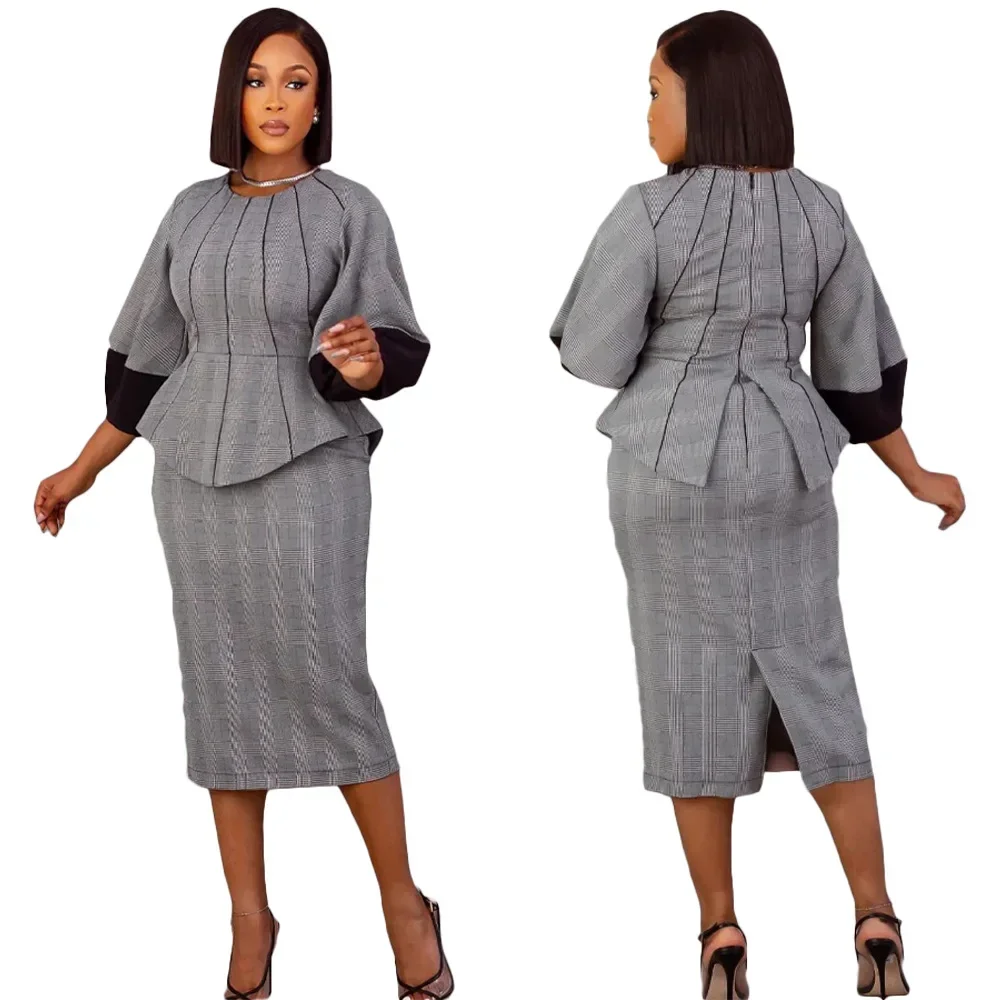 

2024 африканская одежда для женщин 2 предмета с длинным рукавом и круглым вырезом Офисная женская серая верхняя облегающая юбка подходящие комплекты африканская одежда