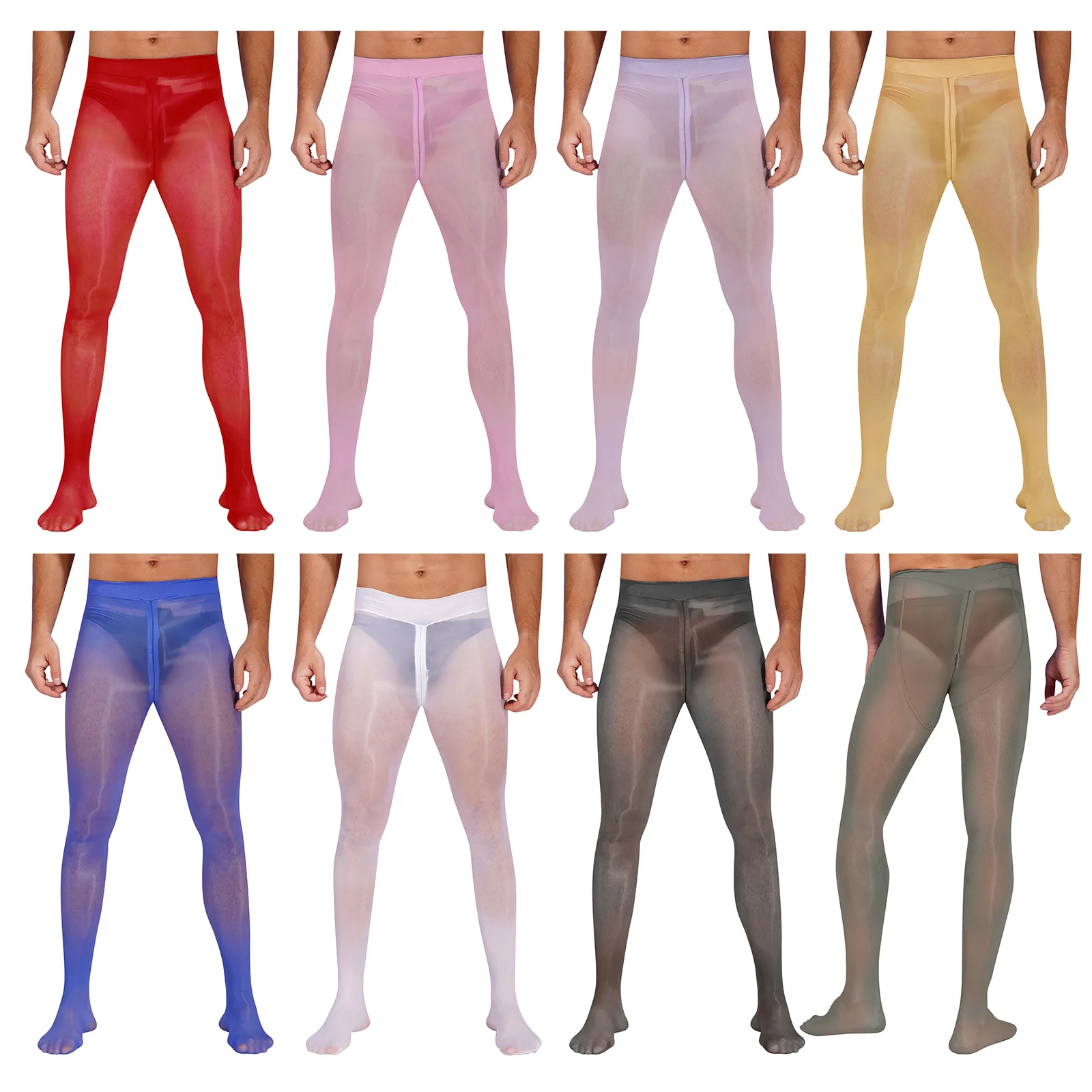 Men Oil Shiny Glossy Pantyhose See-through Zipper Crotch Leggings Stockings Elastic Waistband Stretchy Tights Nightwear Clubwear