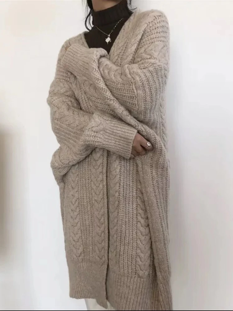 여성용 니트 가디건, 솔리드 롱 코트, 두꺼운 스웨터 재킷, 스트리트웨어, 루즈 웜 오버코트, 레트로 용수철 겨울