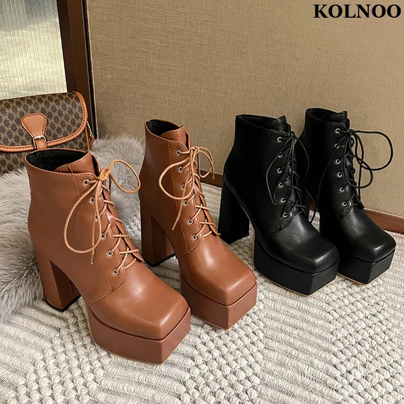 

Kolnoo 2023 New Handmade Chunky Heels Womens Ankle Boots Crisscross Shoelace Platform Party Booties Evening Fashion Winter Shoes