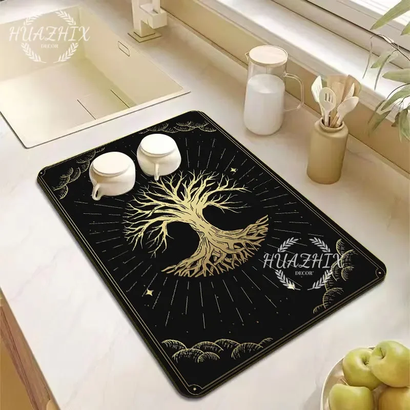 

Tree of Life Drain Pad Rubber Diatomaceous Mystery Patterns Art Gift Bohemian Style Anti-Slip Kitchen Decorative Accessories