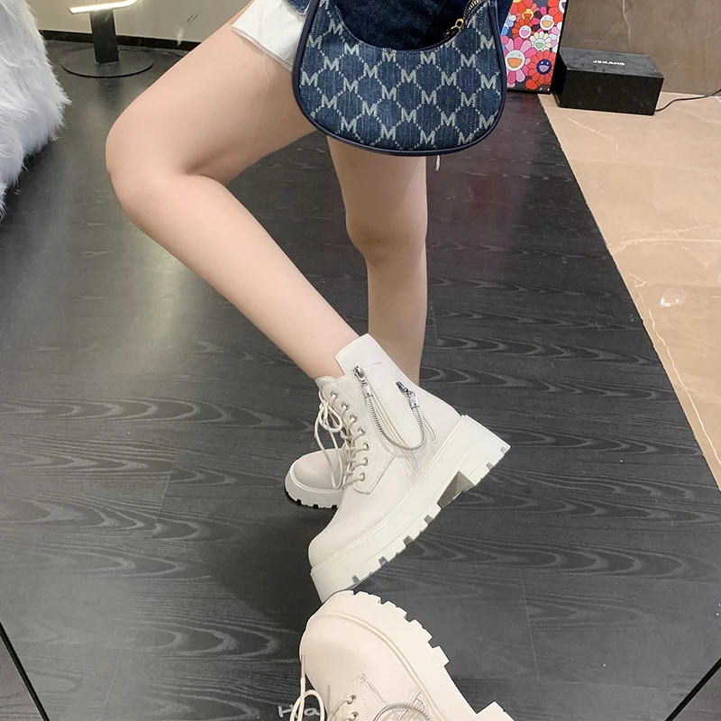 2023 PU Shoes for Women Platform Women's Boots Ankle Modern Boots Women Round Toe Lace Up Side Zip Fretwork Heel Ladies Shoes